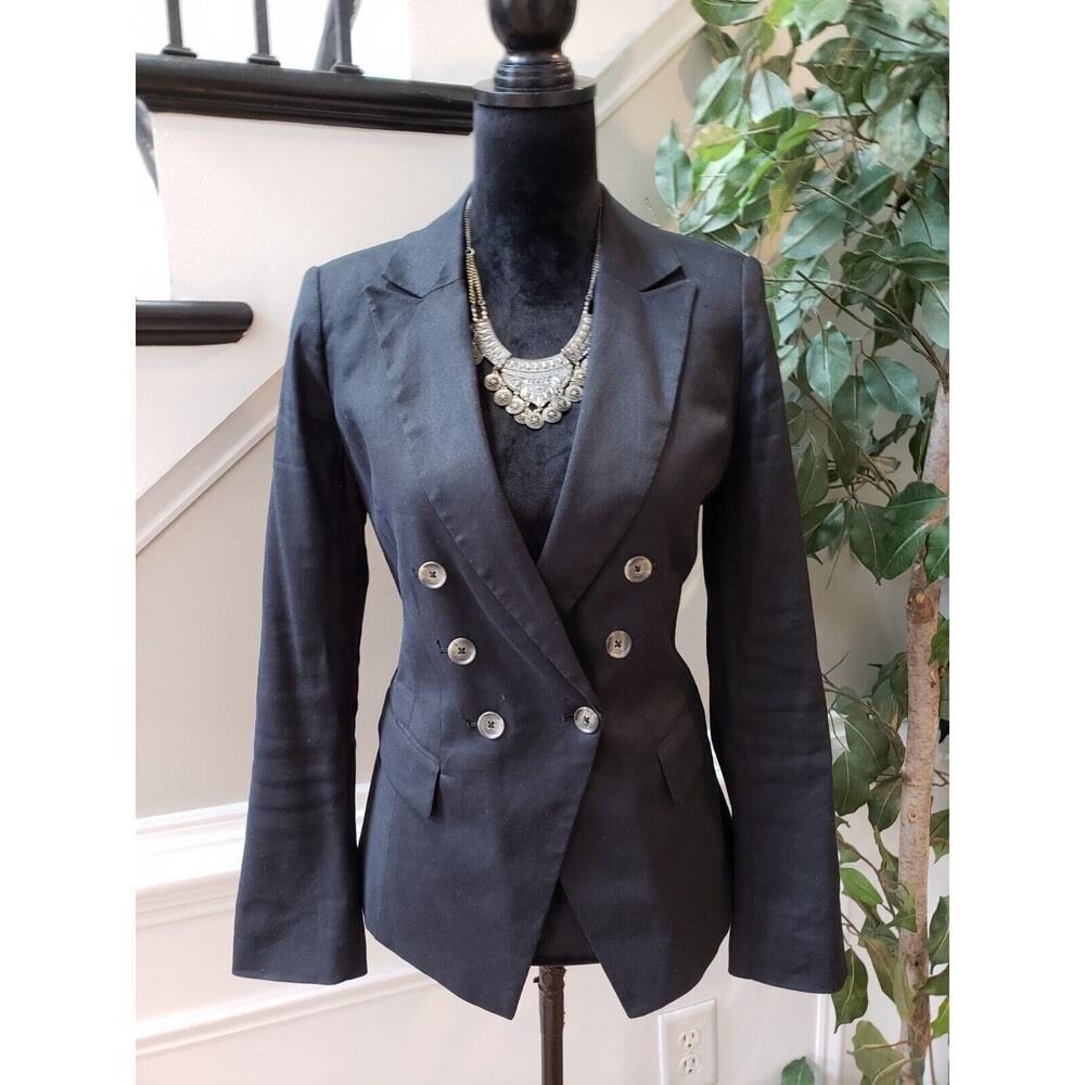 White House Black Market Womens Black Linen Double Breasted Blazer Jacket Size 2